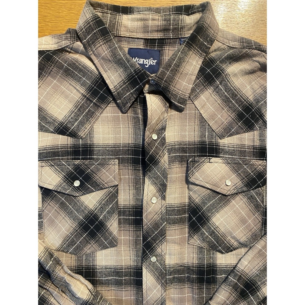 Wrangler Wrancher XXL Men's Black Tan Plaid Long Sleeve Flannel Shirt Pearl Snap